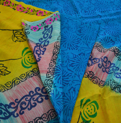 Indian Vintage Sari Blue & Yellow Pure Crepe Silk Block Printed Saree 5yard Sewing Floral Craft Fabric Wrap