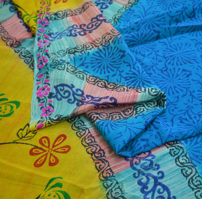 Indian Vintage Sari Blue & Yellow Pure Crepe Silk Block Printed Saree 5yard Sewing Floral Craft Fabric Wrap