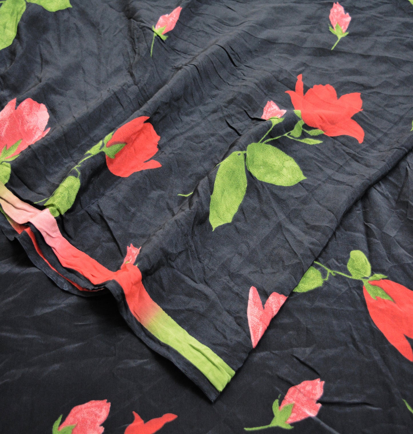 Indian Vintage Sari Black Pure Crepe Silk Printed Saree 5yard Sewing Floral Craft Fabric Wrap