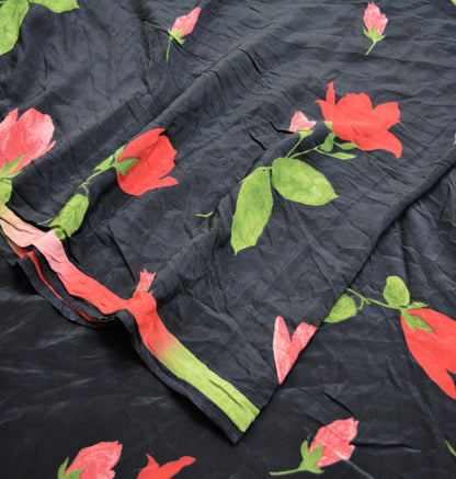 Indian Vintage Sari Black Pure Crepe Silk Printed Saree 5yard Sewing Floral Craft Fabric Wrap