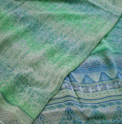 Indian Vintage Sari Blue & Green Pure Crepe Silk Printed Saree 5yard Sewing Floral Soft Craft Fabric Wrap