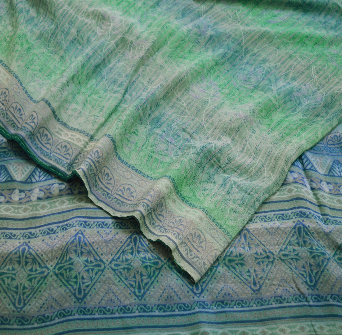 Indian Vintage Sari Blue & Green Pure Crepe Silk Printed Saree 5yard Sewing Floral Soft Craft Fabric Wrap