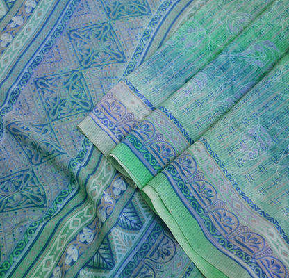 Indian Vintage Sari Blue & Green Pure Crepe Silk Printed Saree 5yard Sewing Floral Soft Craft Fabric Wrap