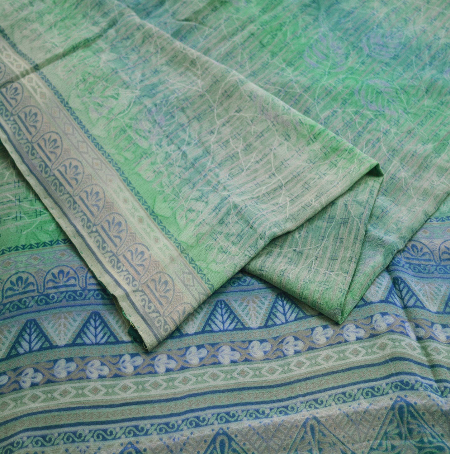 Indian Vintage Sari Blue & Green Pure Crepe Silk Printed Saree 5yard Sewing Floral Soft Craft Fabric Wrap