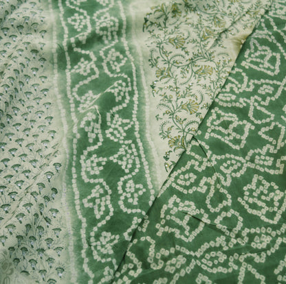 Indian Vintage Sari Green & Ivory Pure Silk Bandhani Printed Sarees  Fabric 5yd Floral Sewing Traditional Culture Sari Ethnic Fabric