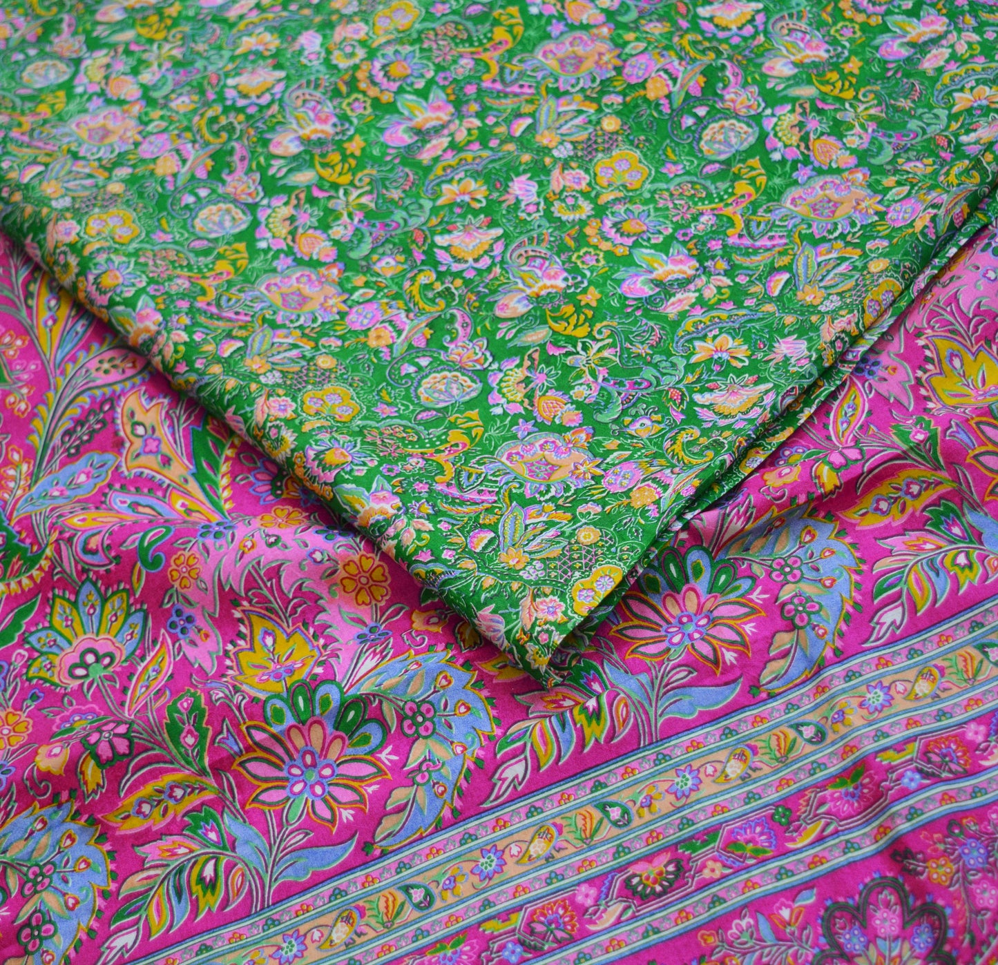 Indian Vintage Sari Pink & Green Pure Silk Printed Saree Fabric 5yd Sewing Craft DressMaking  Soft Floral Ethnic