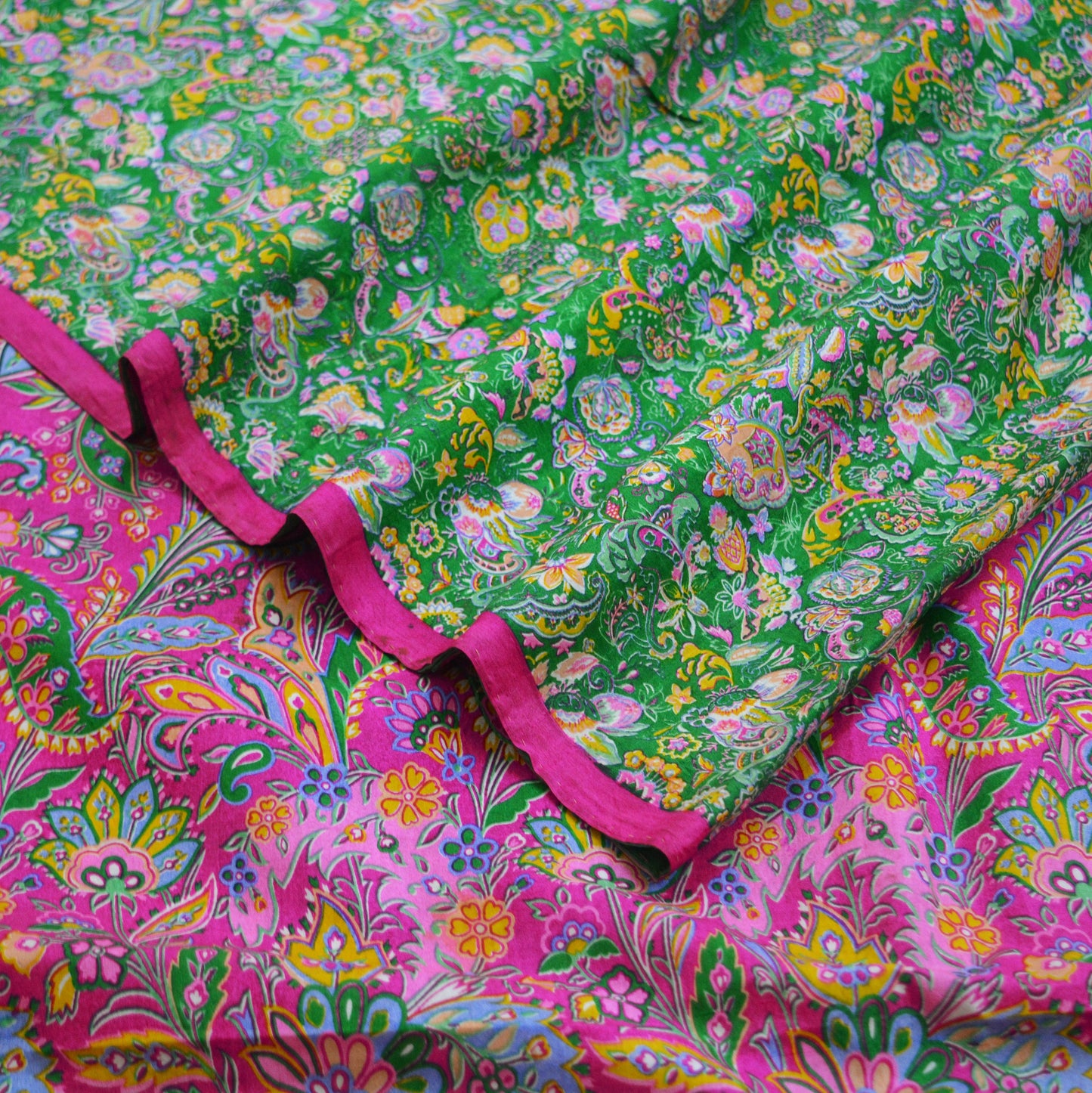 Indian Vintage Sari Pink & Green Pure Silk Printed Saree Fabric 5yd Sewing Craft DressMaking  Soft Floral Ethnic