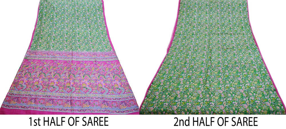 Indian Vintage Sari Pink & Green Pure Silk Printed Saree Fabric 5yd Sewing Craft DressMaking  Soft Floral Ethnic