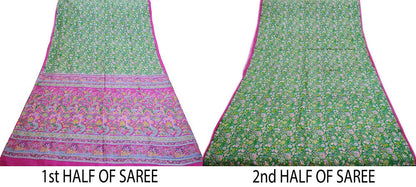 Indian Vintage Sari Pink & Green Pure Silk Printed Saree Fabric 5yd Sewing Craft DressMaking  Soft Floral Ethnic