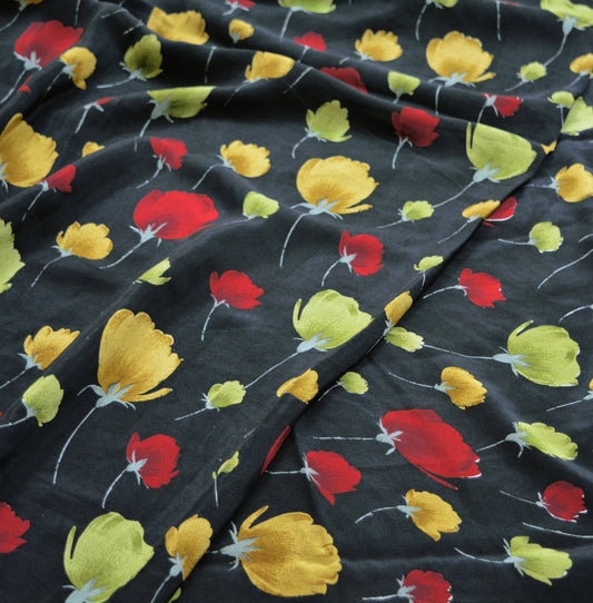 Indian Vintage Sari Black Pure Crepe Silk Printed Saree 5yard Sewing Floral Craft Fabric Wrap