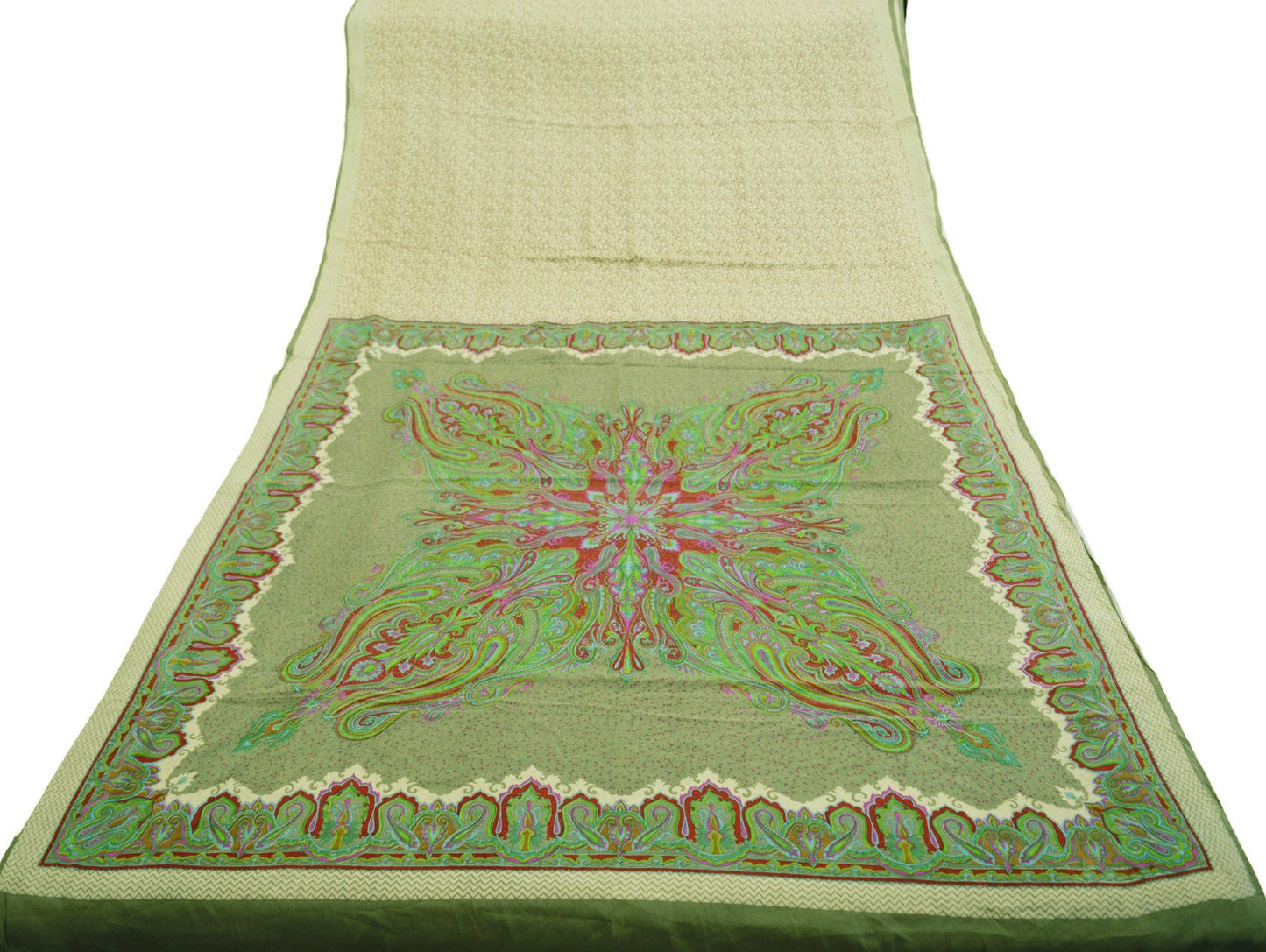 Indian Vintage Sari Ivory & Green Pure Crepe Silk Printed Saree 5yard Sewing Floral Soft Craft Fabric Wrap