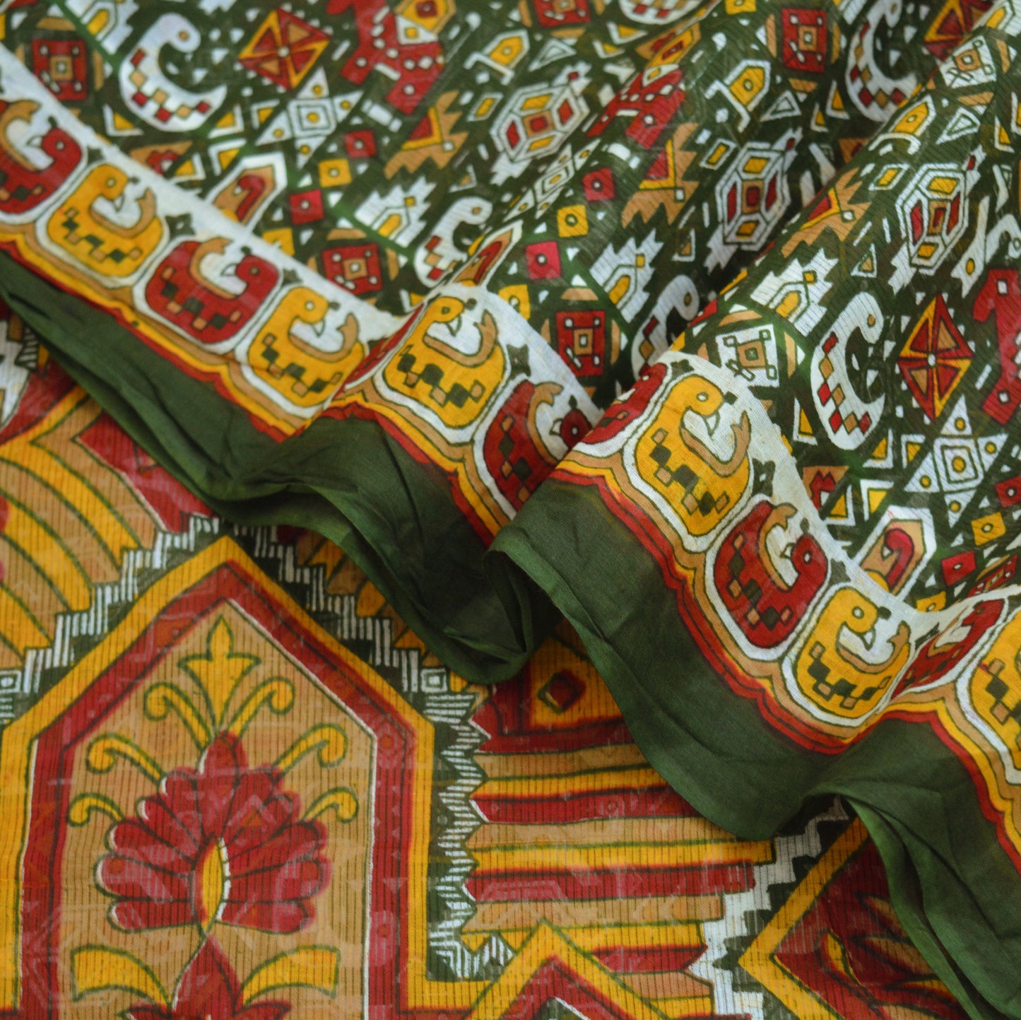 Indian Vintage Sari Green & Red Printed Pure Cotton Saree Craft Fabric 5Yard Sewing Sarong Wrap Boho Floral