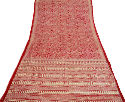 Indian Vintage Sari Red & Ivory Printed 100% Pure Cotton Saree Craft Fabric 5Yard Sewing Sarong Wrap Boho Floral