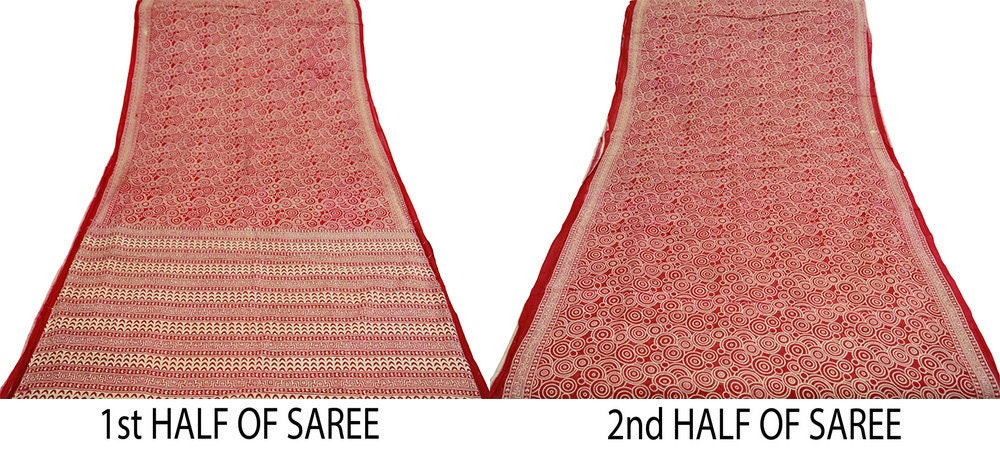 Indian Vintage Sari Red & Ivory Printed 100% Pure Cotton Saree Craft Fabric 5Yard Sewing Sarong Wrap Boho Floral