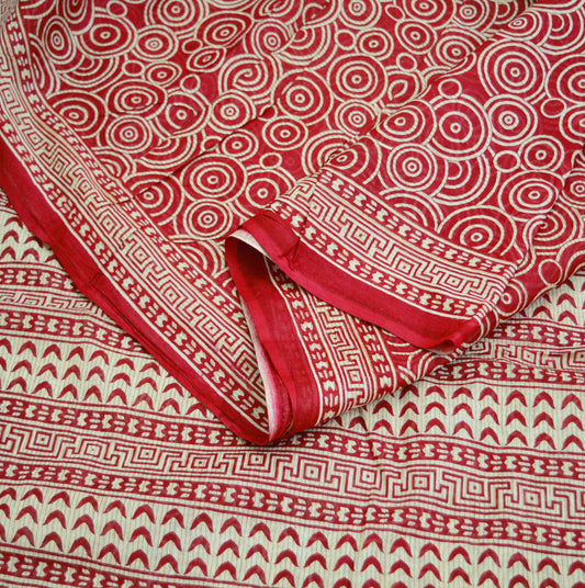 Indian Vintage Sari Red & Ivory Printed 100% Pure Cotton Saree Craft Fabric 5Yard Sewing Sarong Wrap Boho Floral