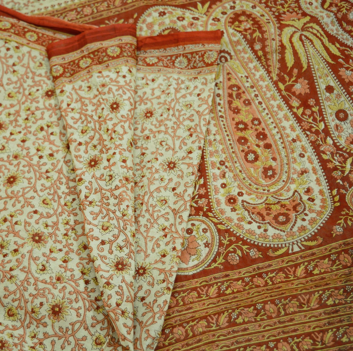 Indian Vintage Sari Ivory/Orange Pure Cotton Printed Saree 5Yd Craft Fabric Soft Paisley Sarong Wrap Boho Kimono Quilting Dress Making