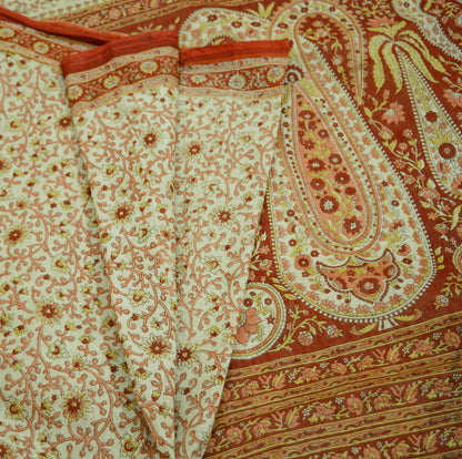 Indian Vintage Sari Ivory/Orange Pure Cotton Printed Saree 5Yd Craft Fabric Soft Paisley Sarong Wrap Boho Kimono Quilting Dress Making