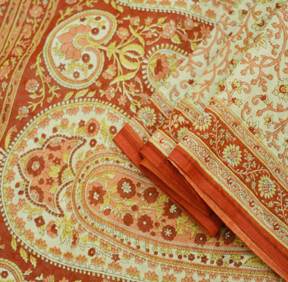 Indian Vintage Sari Ivory/Orange Pure Cotton Printed Saree 5Yd Craft Fabric Soft Paisley Sarong Wrap Boho Kimono Quilting Dress Making