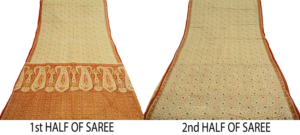 Indian Vintage Sari Ivory/Orange Pure Cotton Printed Saree 5Yd Craft Fabric Soft Paisley Sarong Wrap Boho Kimono Quilting Dress Making