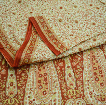Indian Vintage Sari Ivory/Orange Pure Cotton Printed Saree 5Yd Craft Fabric Soft Paisley Sarong Wrap Boho Kimono Quilting Dress Making