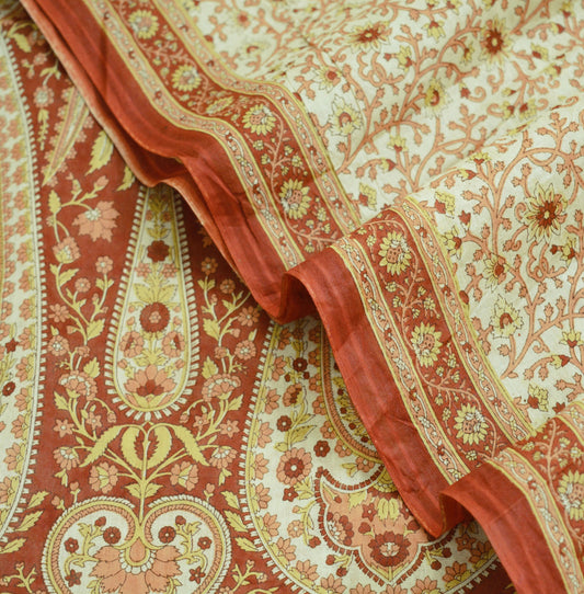 Indian Vintage Sari Ivory/Orange Pure Cotton Printed Saree 5Yd Craft Fabric Soft Paisley Sarong Wrap Boho Kimono Quilting Dress Making
