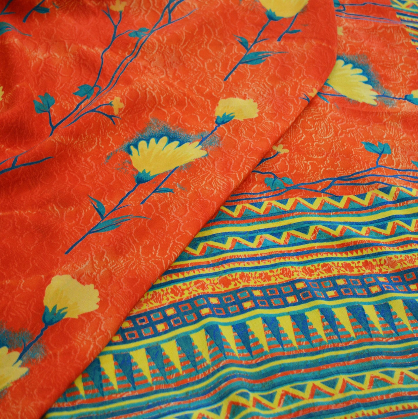 Indian Vintage Sari Orange & Red Pure Crepe Silk Printed Saree 5yard Sewing Floral Soft Craft Fabric Wrap