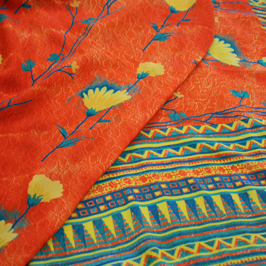 Indian Vintage Sari Orange & Red Pure Crepe Silk Printed Saree 5yard Sewing Floral Soft Craft Fabric Wrap