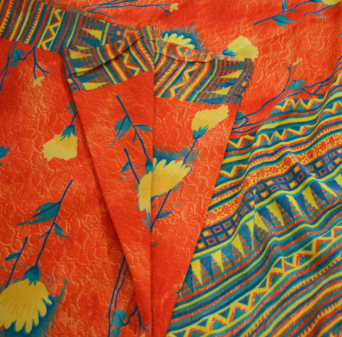 Indian Vintage Sari Orange & Red Pure Crepe Silk Printed Saree 5yard Sewing Floral Soft Craft Fabric Wrap