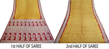 Indian Vintage Sari Mustard & Dark Red Pure Silk Printed Saree 5yd Sewing Craft Fabric DressMaking Floral