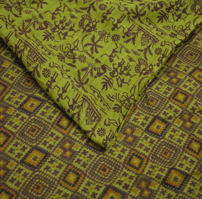 Indian Vintage Sari Green Warli Print Pure Cotton Saree Craft Soft Fabric 5Yard Sewing Sarong Wrap Boho Paisley