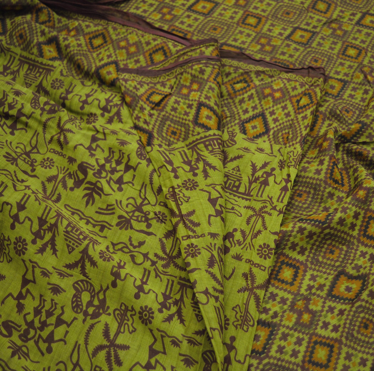 Indian Vintage Sari Green Warli Print Pure Cotton Saree Craft Soft Fabric 5Yard Sewing Sarong Wrap Boho Paisley