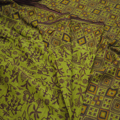 Indian Vintage Sari Green Warli Print Pure Cotton Saree Craft Soft Fabric 5Yard Sewing Sarong Wrap Boho Paisley