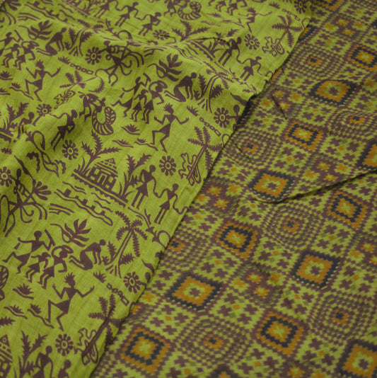 Indian Vintage Sari Green Warli Print Pure Cotton Saree Craft Soft Fabric 5Yard Sewing Sarong Wrap Boho Paisley