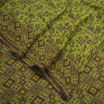 Indian Vintage Sari Green Warli Print Pure Cotton Saree Craft Soft Fabric 5Yard Sewing Sarong Wrap Boho Paisley