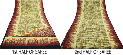 Indian Vintage Sari Beige & Maroon Pure Crepe Silk Printed Saree 5yard Sewing Floral Soft Craft Fabric Wrap