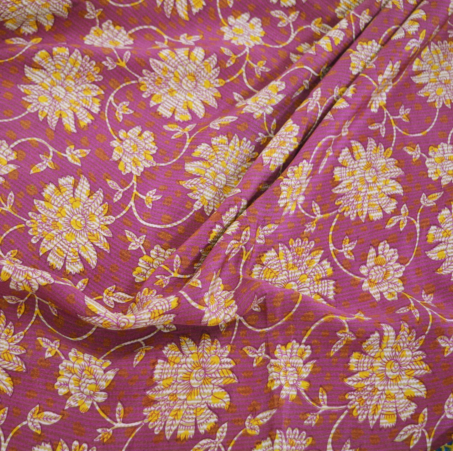 Indian Vintage Sari Mustard & Pink Pure Crepe Silk Printed Saree 5yard Sewing Floral Soft Craft Fabric Wrap