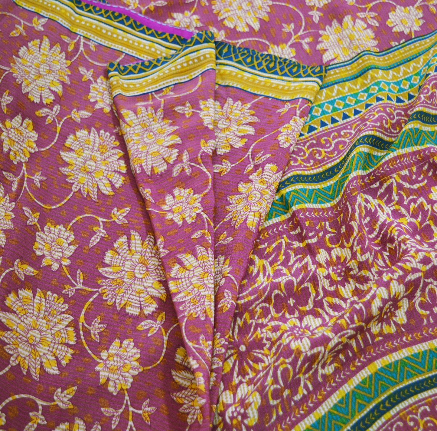 Indian Vintage Sari Mustard & Pink Pure Crepe Silk Printed Saree 5yard Sewing Floral Soft Craft Fabric Wrap