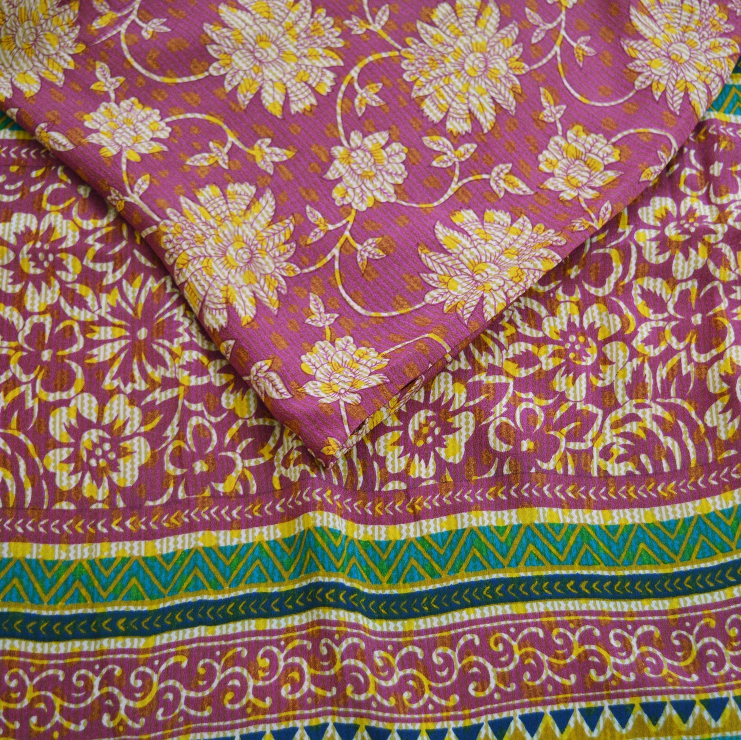 Indian Vintage Sari Mustard & Pink Pure Crepe Silk Printed Saree 5yard Sewing Floral Soft Craft Fabric Wrap