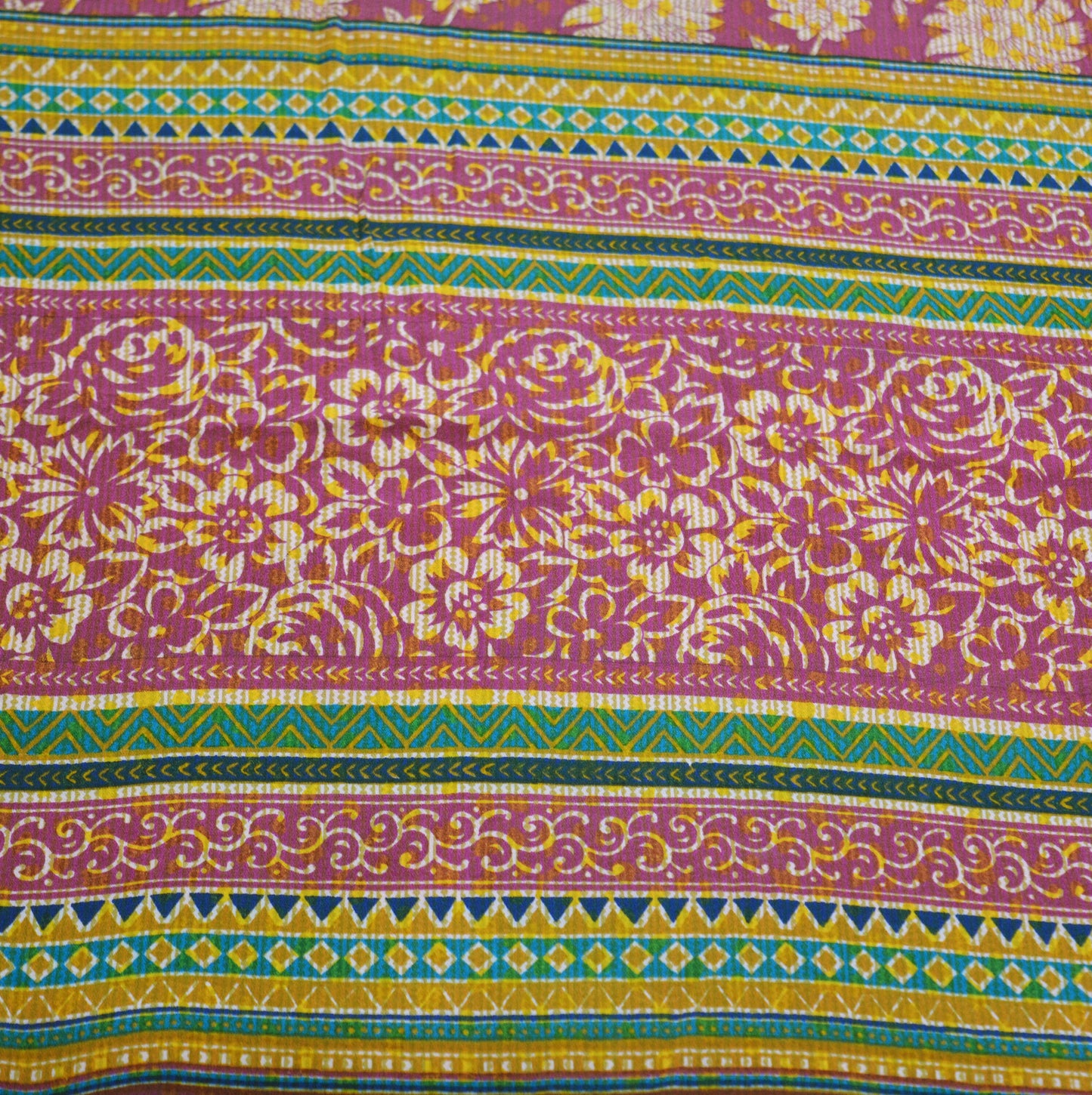 Indian Vintage Sari Mustard & Pink Pure Crepe Silk Printed Saree 5yard Sewing Floral Soft Craft Fabric Wrap