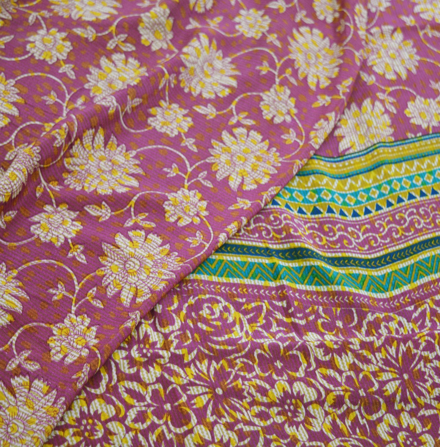 Indian Vintage Sari Mustard & Pink Pure Crepe Silk Printed Saree 5yard Sewing Floral Soft Craft Fabric Wrap