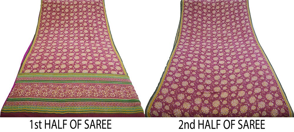 Indian Vintage Sari Mustard & Pink Pure Crepe Silk Printed Saree 5yard Sewing Floral Soft Craft Fabric Wrap