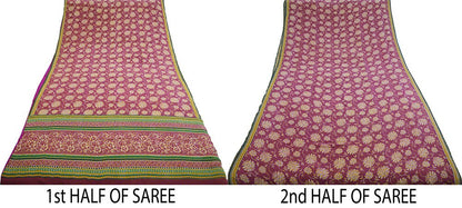 Indian Vintage Sari Mustard & Pink Pure Crepe Silk Printed Saree 5yard Sewing Floral Soft Craft Fabric Wrap