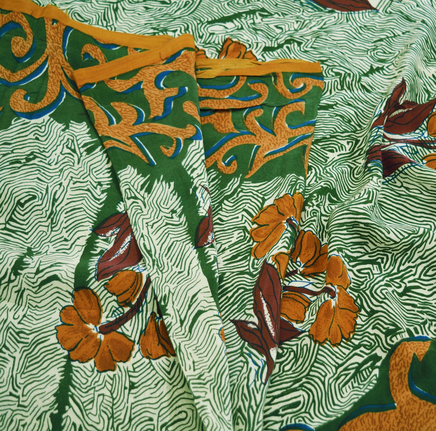 Indian Vintage Sari Ivory & Green Pure Crepe Silk Printed Saree 5yard Sewing Abstract Soft Craft Fabric Wrap