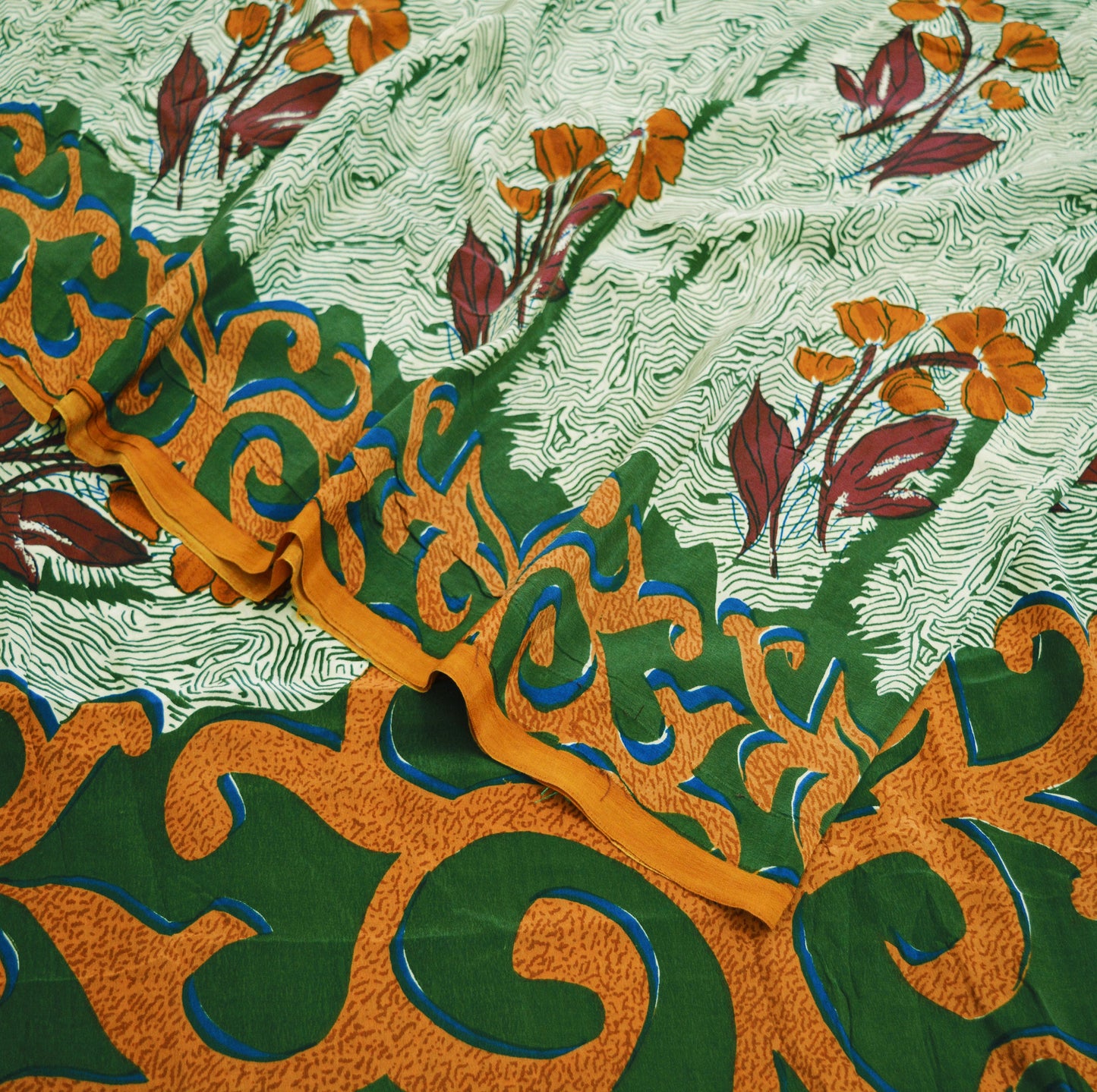 Indian Vintage Sari Ivory & Green Pure Crepe Silk Printed Saree 5yard Sewing Abstract Soft Craft Fabric Wrap
