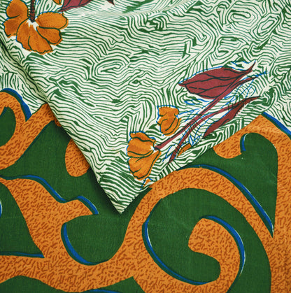 Indian Vintage Sari Ivory & Green Pure Crepe Silk Printed Saree 5yard Sewing Abstract Soft Craft Fabric Wrap
