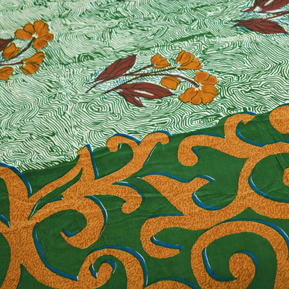 Indian Vintage Sari Ivory & Green Pure Crepe Silk Printed Saree 5yard Sewing Abstract Soft Craft Fabric Wrap