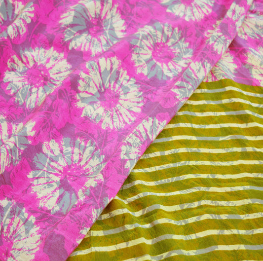 Indian Vintage Sari Pink Pure Crepe Silk Printed Saree 5yard Sewing Floral Soft Craft Fabric Ethnic Wrap