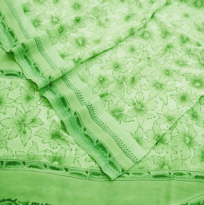 Indian Vintage Sari Ivory & Green Pure Crepe Silk Printed Saree 5yard Sewing Floral Soft Craft Fabric Wrap