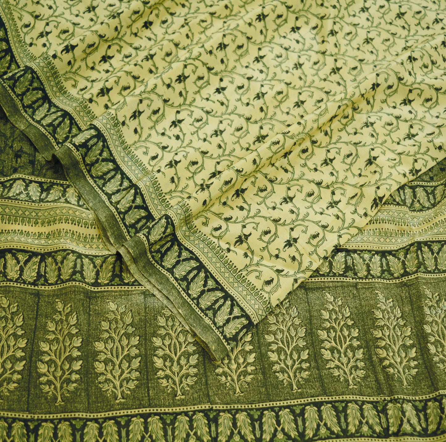 Indian Vintage Sari Ivory Pure Crepe Silk Block Printed Saree 6yard Sewing Floral Soft Craft Fabric Wrap