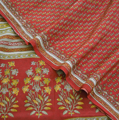 Indian Vintage Sari Dark Red Pure Crepe Silk Printed Saree 6yard Sewing Floral Craft Fabric Ethnic Wrap